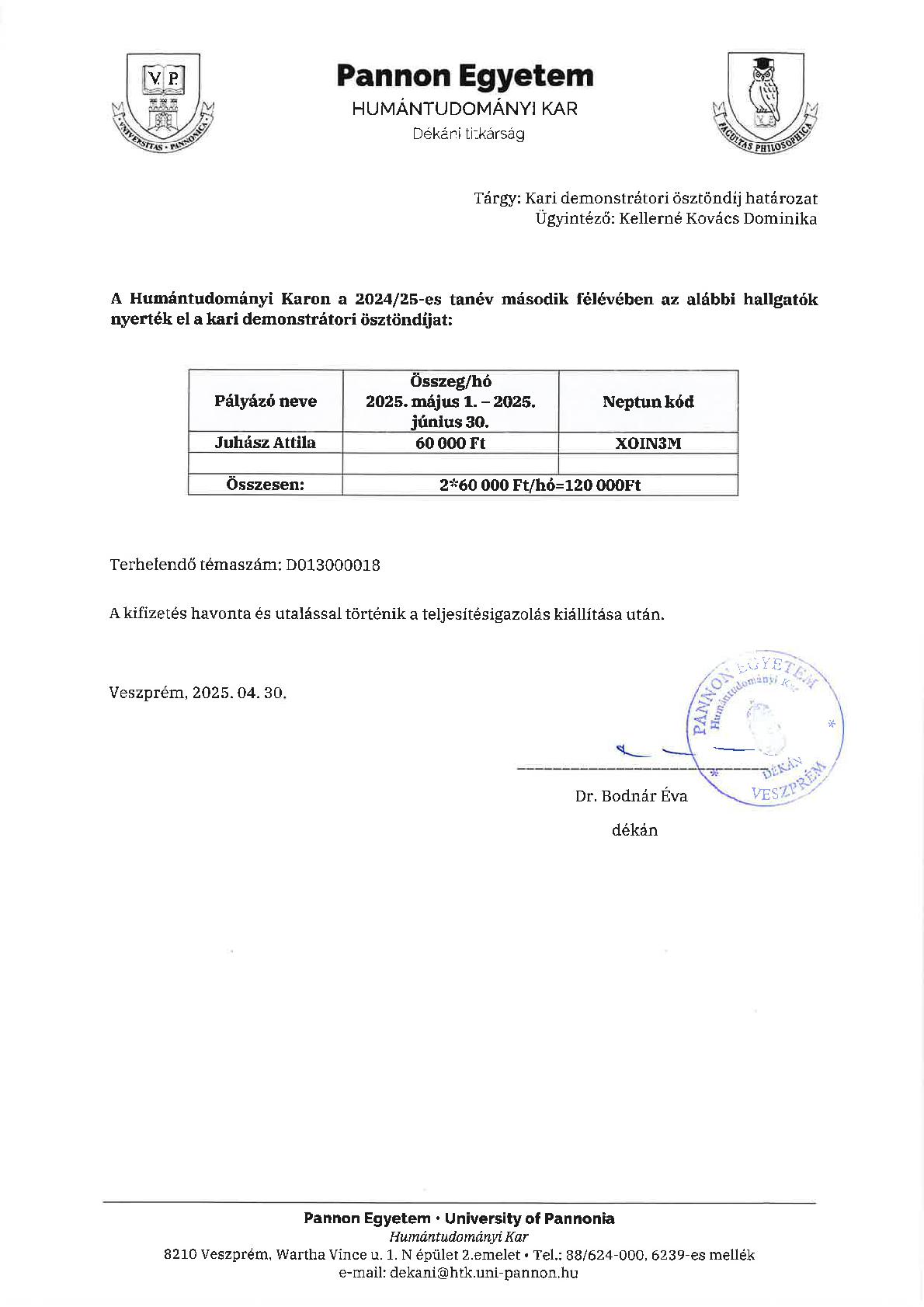 Demonstrátori ösztöndíj TTI 001