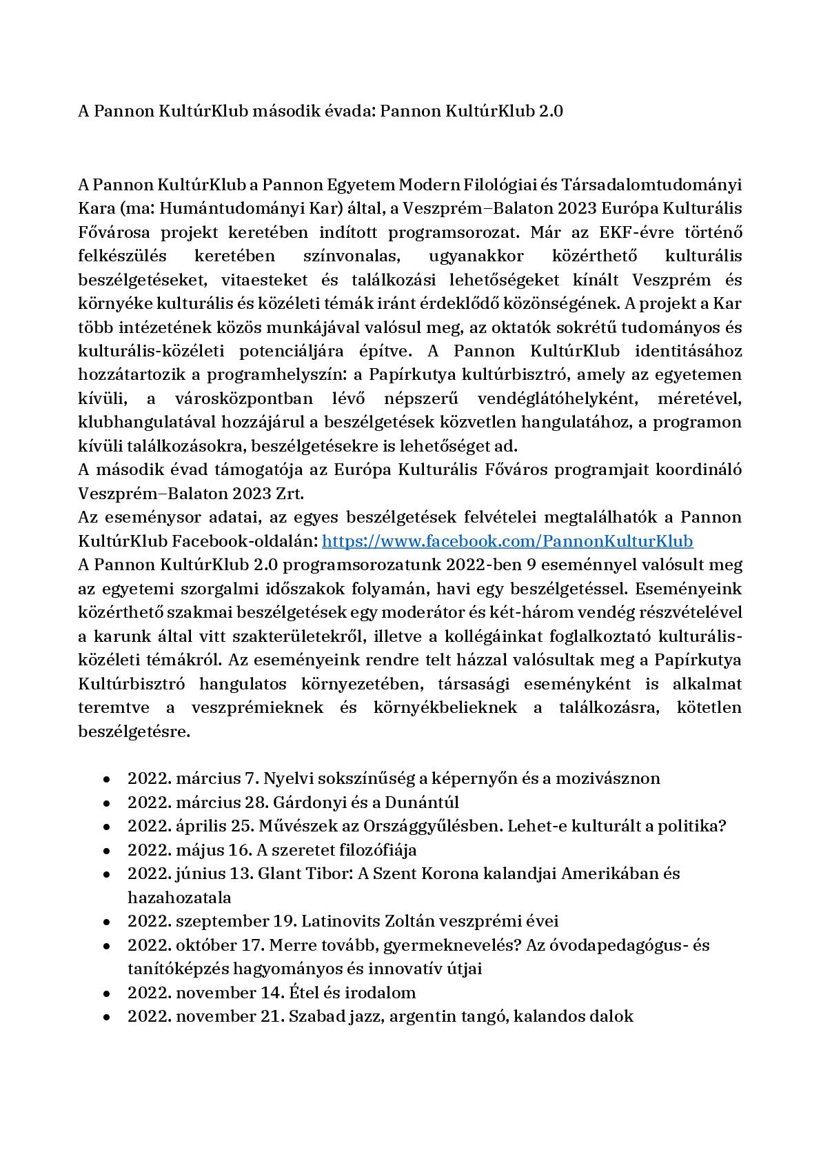 Pannon KultúrKlub 2.0 éves összefoglaló